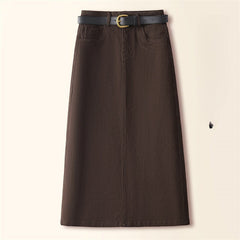 Brown A- Line Straight Skirt Retro Slit Hip Skirt