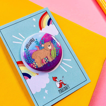 Brown Bear Illustrated Art Vibrant Pin Badge or Magnet- Multiple options available