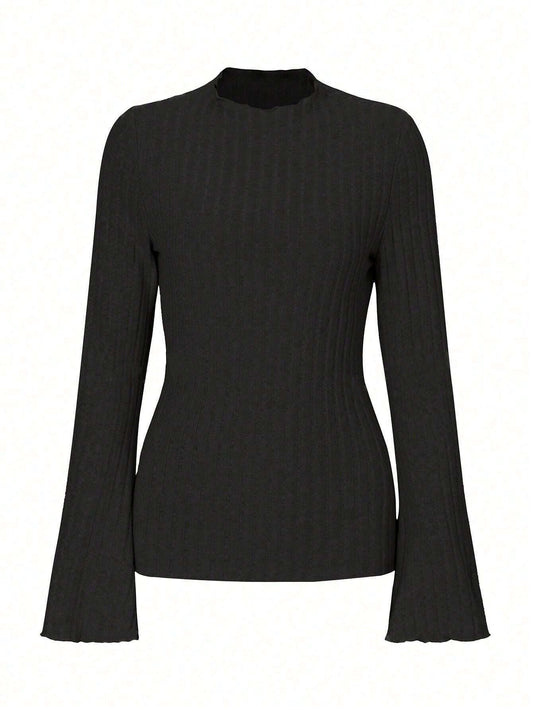 Long Sleeve Round Neck Brushed Sunken Stripe Solid Color Slim Fit Top