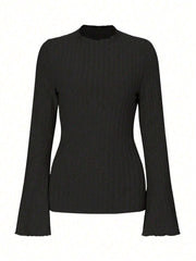 Long Sleeve Round Neck Brushed Sunken Stripe Solid Color Slim Fit Top