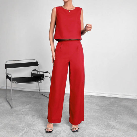 Round Neck Sleeveless Top Wide Leg Pants Two-piece Set