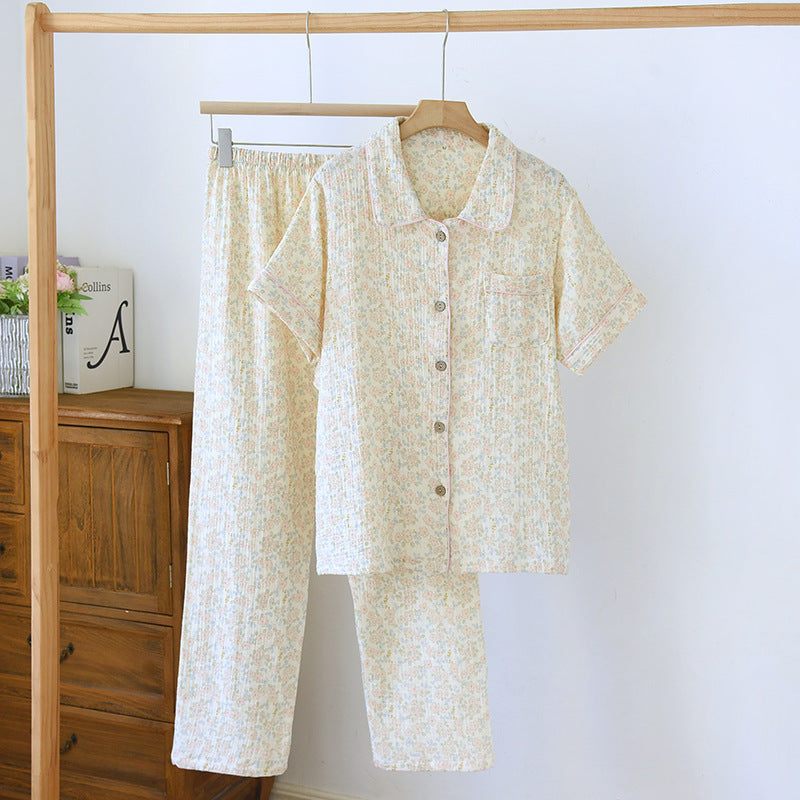 Washed Cotton Double-layer Gauze Short-sleeved Trousers Casual Loose Outfit
