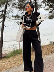 Casual Retro Contrast Color Long Sleeves Zipper Coat And Trousers Two-piece Set
