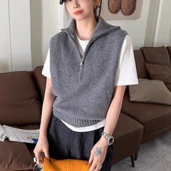Retro Half Zipper Sleeveless Knit Vest