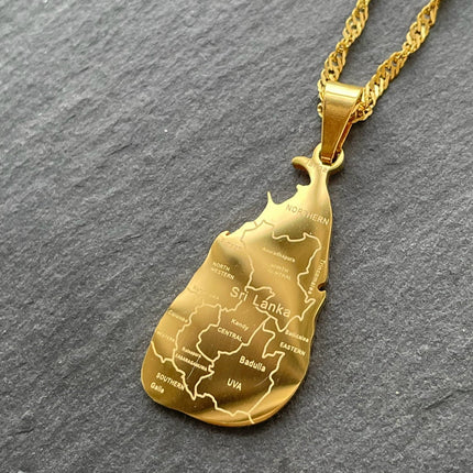 Sri Lanka Engraved Map Necklace - Gold