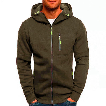 Men's Casual Zipper Hooded Sweater Solid Color Sports Fitness Jackets Cardigan