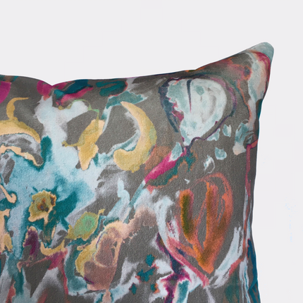 Watercolour Floral Velvet Cushion - Grey