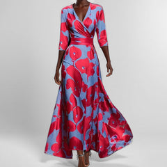 Fashion Print Half-sleeve V-neck Dress Temperament Slim Tight Waist Dresses For Women