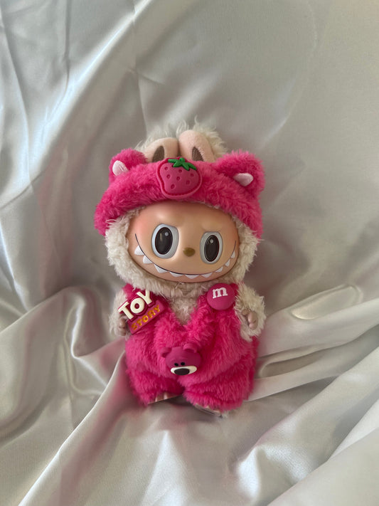 Labubu Berry Bear Outfit Set - Pink Fluffy Onesie & Strawberry Hood (17cm)