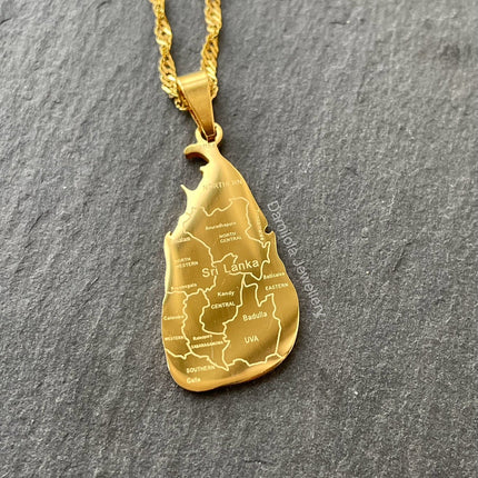 Sri Lanka Engraved Map Necklace - Gold