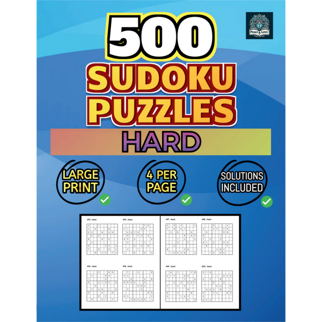 500 HARD Sudoku Puzzles - 4 Per Page - Large Print - Solutions Included