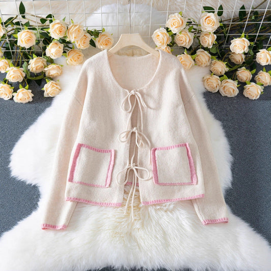 Women's Contrast Color Elegant Fashion Casual Loose Front Lace-up Pocket Knitted Cardigan
