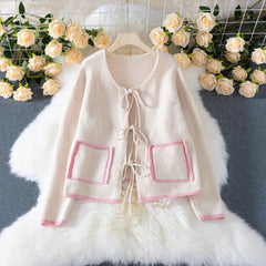 Women's Contrast Color Elegant Fashion Casual Loose Front Lace-up Pocket Knitted Cardigan
