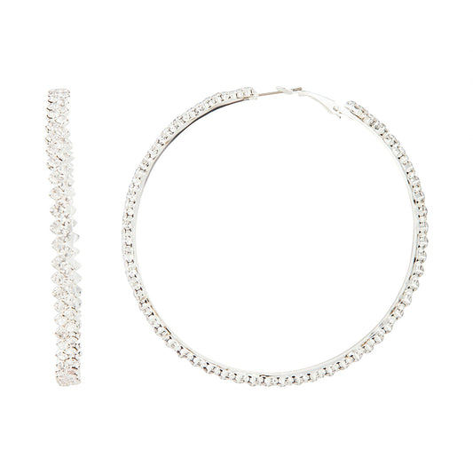 Silver Large Stone Set Hoop Earrings