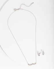 Silver Diamond Simulant Flower Cluster Necklace & Earrings Set