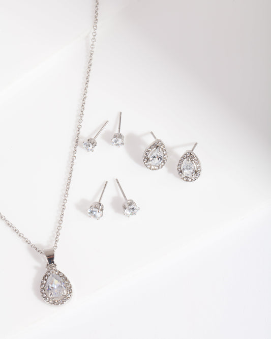 Diamond Simulant Pear Drop Earrings Necklace Set