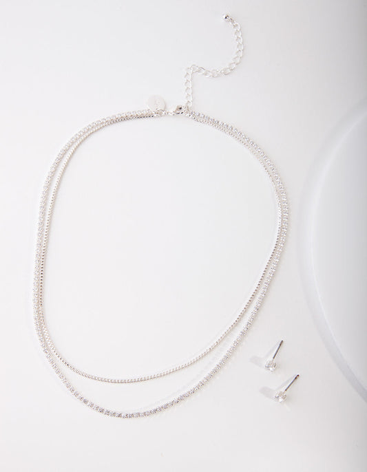 Cubic Zirconia Multi-Layered Necklace & Earrings Set