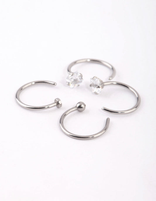 Surgical Steel Silver Martini Set Diamante Nose Ring 4-Pack