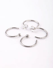 Surgical Steel Silver Martini Set Diamante Nose Ring 4-Pack