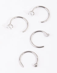 Surgical Steel Silver Martini Set Diamante Nose Ring 4-Pack