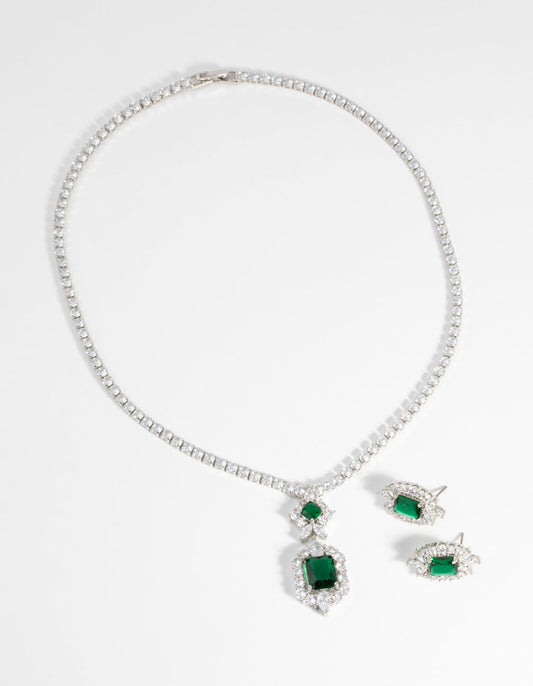 Vintage Emerald Diamond Simulant Necklace & Earrings Set
