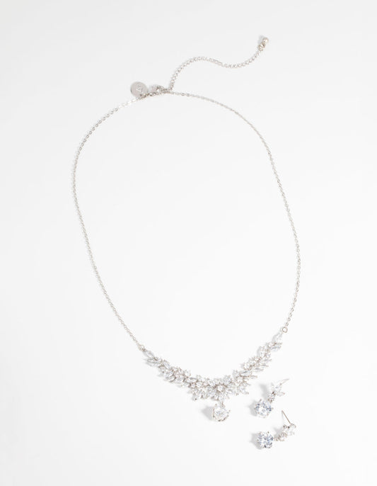 Silver Diamond Simulant Navette Necklace & Earrings Set