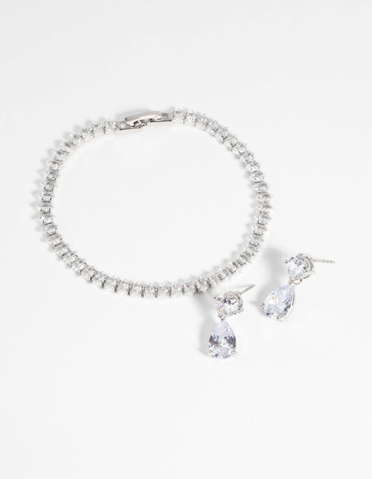 Silver Diamond Simulant Marquise Bracelet & Earrings Set