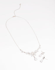 Silver Diamond Simulant Teardrop Necklace & Earrings Set