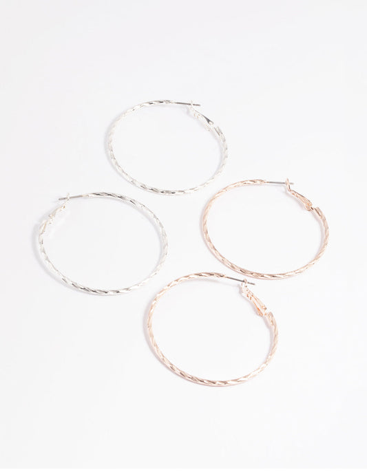 Mixed Metal Textured Hoop Earring Set