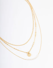 Gold Plated Fine Three Layer Bead Disc Necklace