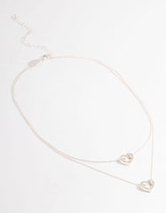 Silver Double Diamante Open Heart Necklace