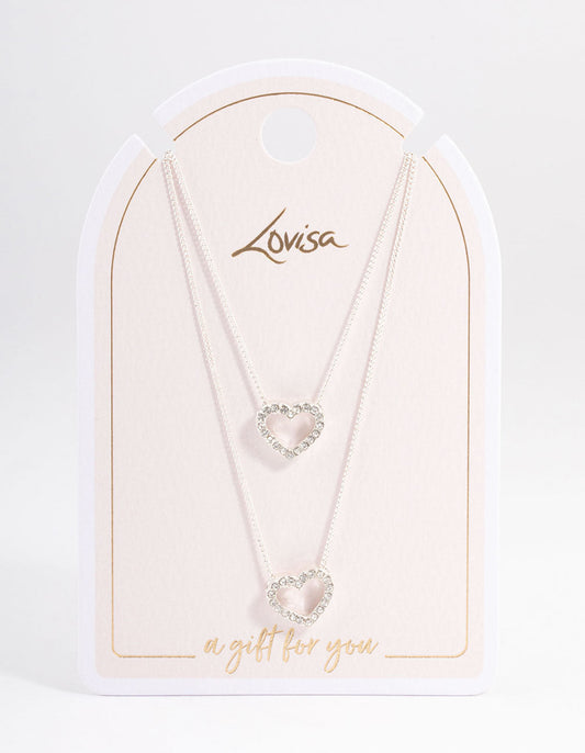Silver Double Diamante Open Heart Necklace