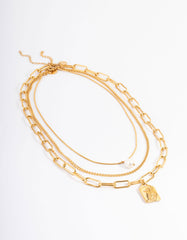 Waterproof Gold Plated Stainless Steel Pearl Pendant Statement Layered Necklace