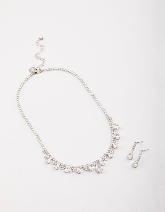 Silver Cubic Zirconia Cup Chain Teardrop Earrings & Necklace Set