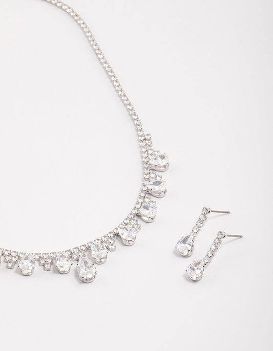 Silver Cubic Zirconia Cup Chain Teardrop Earrings & Necklace Set