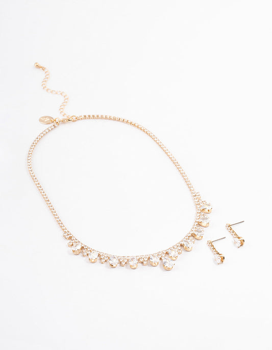 Gold Cubic Zirconia Cupchain Teardrop Jewellery Set