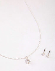 Silver Round Solitaire Necklace & Earring Set