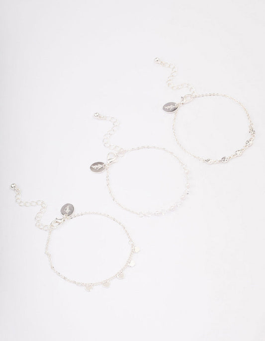 Silver Disc Pearl & Heart Bracelet Pack