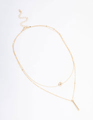 Gold Bar & Ball Double Chain Short Necklace