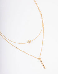 Gold Bar & Ball Double Chain Short Necklace