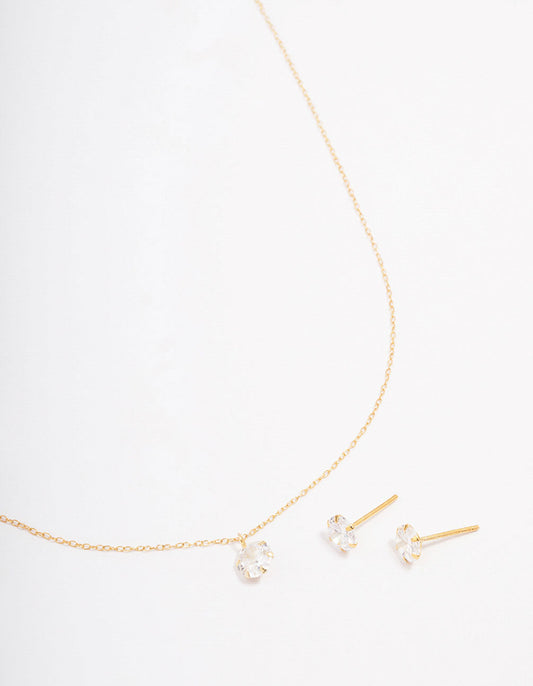 Gold Plated Sterling Silver Cubic Zirconia Solitaire Jewellery Set