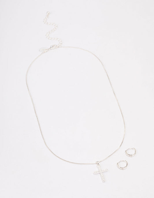Silver Plated Diamante Cross Necklace & Huggie Earrings Jewellery Set