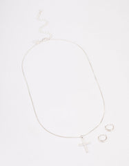 Silver Plated Diamante Cross Necklace & Huggie Earrings Jewellery Set