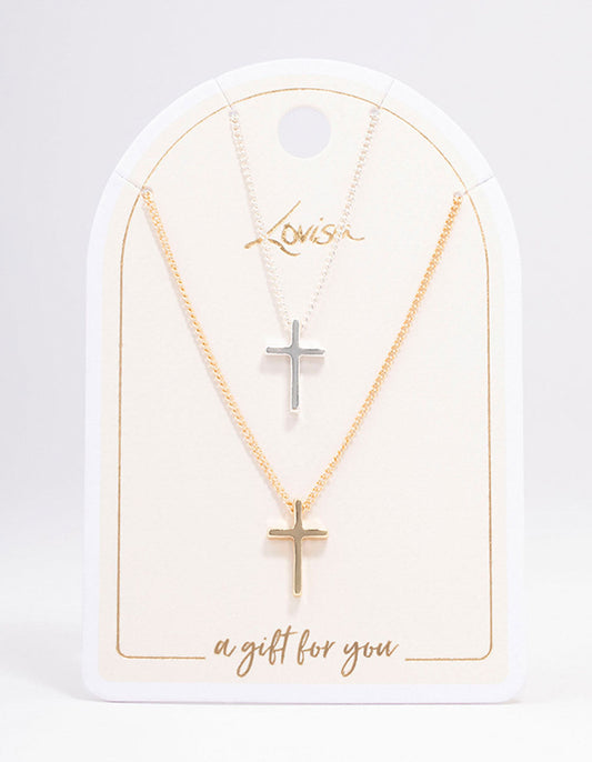 Mixed Metal Plain Cross Necklace Pack