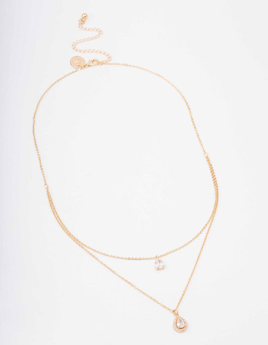 Gold Pear Halo Layered Necklace