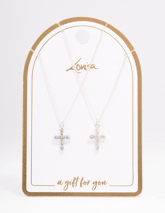 Silver Classic Diamante Cross Necklace Pack