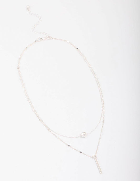 Silver Bar & Ball Layered Necklace