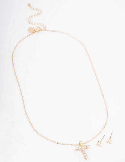 Gold Large Round Cubic Zirconia Cross Jewellery Set