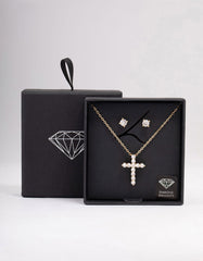 Gold Large Round Cubic Zirconia Cross Jewellery Set