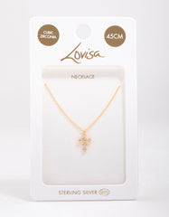 Gold Plated Sterling Silver Cubic Zirconia Round Cross Chain Necklace